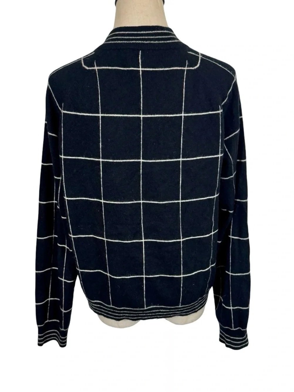 Madeleine Thompson Jedha 100% Cashmere Zip Bomber Sweater Windowpane Check